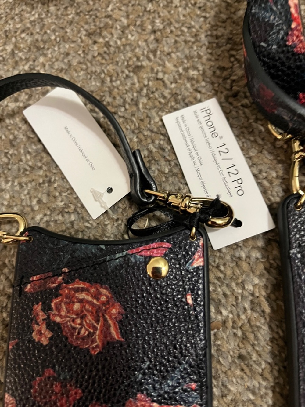 Bandolier Black Floral Leather Crossbody iPhone Case with Pink Roses - Picture 2 of 3